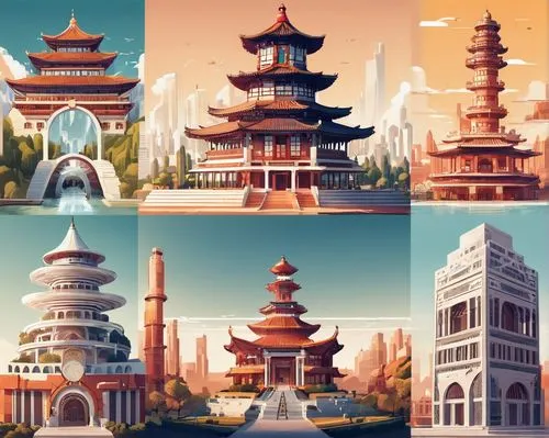 asian architecture,beautiful buildings,backgrounds,pagodas,ancient buildings,chortens,ancient city,landmarks,temples,panoramas,city buildings,background design,hall of supreme harmony,buildings,city cities,palaces,international towers,fantasy city,roof domes,cool backgrounds,Illustration,Vector,Vector 17