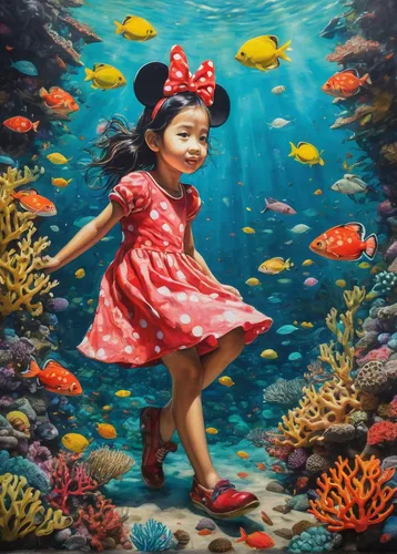 underwater background,aquarium,oil painting on canvas,under the sea,aquarium decor,oil painting,doctor fish,children's background,underwater world,sea-life,little girl in pink dress,coral reef,vietnamese woman,aquatic life,hawaii doctor fish,sea life underwater,ornamental fish,under sea,underwater fish,deep coral,Conceptual Art,Graffiti Art,Graffiti Art 04