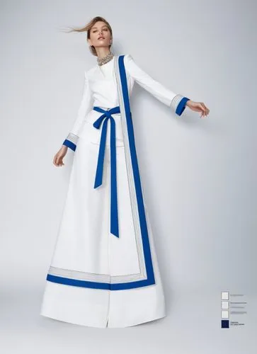 a woman is posing in white and blue dress,nunsense,cassocks,cassock,postulant,maidservant,folk costume,Photography,Fashion Photography,Fashion Photography 10