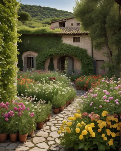 Describe a serene garden where fragrant peas grow amidst colorful flowers.,cottage garden,hobbiton,home landscape,roof landscape,provence,vegetables landscape,beautiful home,grass roof,climbing garden