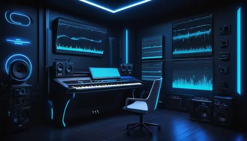 Modern music studio, virtual instrument software, sleek futuristic architecture, minimalist interior design, neon blue glow, holographic screens, futuristic control panels, metallic surfaces, ambient 