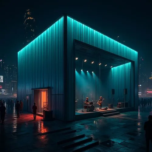 shipping container,aqua studio,nightclub,shipping containers,floating stage,concert stage,cubic house,koolhaas,piano bar,adjaye,saunas,shanghai,mutek,cube house,city corner,electrohome,rain bar,futuristic art museum,theater stage,stage design,Photography,General,Realistic