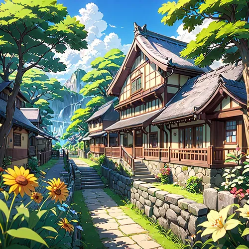 wooden houses,studio ghibli,home landscape,summer cottage,japan landscape,tsukemono,wooden house,korean folk village,roof landscape,mountain village,japanese architecture,hanok,alpine village,beautiful japan,landscape background,japanese background,mountain settlement,countryside,ginkaku-ji,beautiful home,Anime,Anime,Traditional