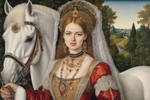 noblewoman,a white horse,white horse,elizabeth i,memling,noblewomen,Digital Art,Impressionism