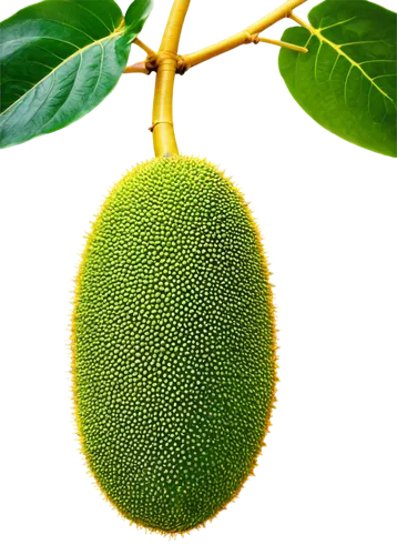 Jackfruit, giant fruit, green skin, prickly texture, tropical plant, solo, detailed stem, leaves around, morning dew, soft sunlight filtering through leaves, 3/4 composition, shallow depth of field, w