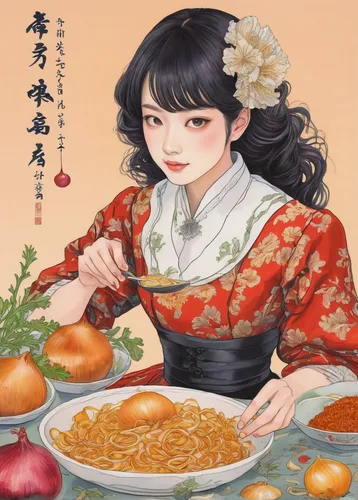 Craft a humorous anecdote about someone who accidentally uses onion peels as a seasoning in a fancy dinner party.,青龙菜,cooking book cover,soba,udon,oriental painting,麻辣,japanese art,huaiyang cuisine,ha