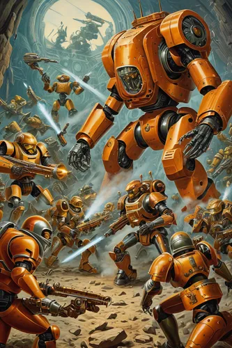 tau,robot combat,sci fiction illustration,defense,storm troops,swarms,swarm,sci fi,cg artwork,orange,robotics,droids,robots,sci - fi,sci-fi,invasion,mission to mars,swarm of bees,shock field,the storm of the invasion,Illustration,Retro,Retro 24