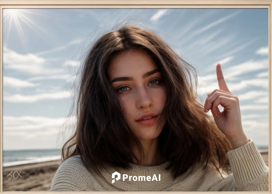 a portrait of a beautiful caucasian girl 28 years old, black  hair,  long hair in a black sweater  pointing to the sun whit a finger in a beach whit a blue sky whit a few clouds looking to camera in 4