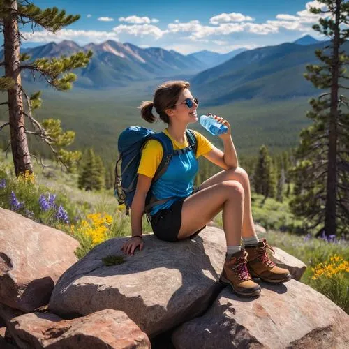 AIA, Colorado, rocky mountains, blue sky, white clouds, solo girl, 20s, athletic build, short brown hair, bright smile, sunglasses, sporty outfit, hiking boots, backpack, water bottle, sitting on a ro