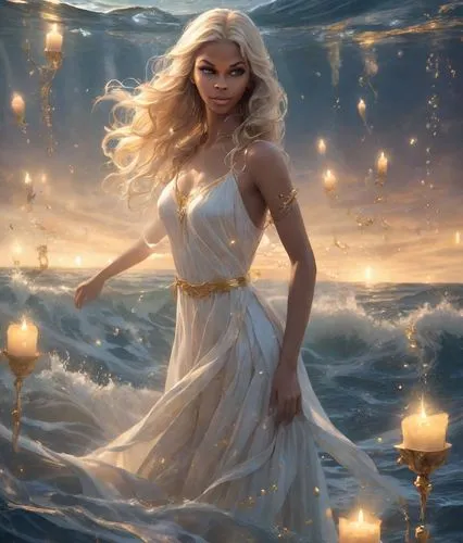 As the soft light of a candlelit ocean illuminates the scene, a mysterious blonde girl with strands of gold rustle gently in the fading light. Her eyes sparkle with a deep and mysterious light, swirli