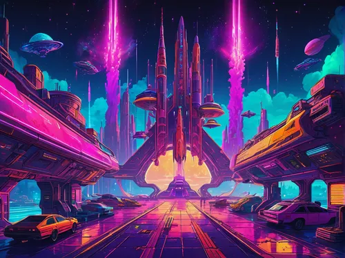 futuristic landscape,space port,scifi,futuristic,80's design,fantasy city,metropolis,sci-fi,sci - fi,alien world,retro background,spaceship space,space ships,cg artwork,colorful city,4k wallpaper,sci fi,vast,80s,3d fantasy,Conceptual Art,Sci-Fi,Sci-Fi 27