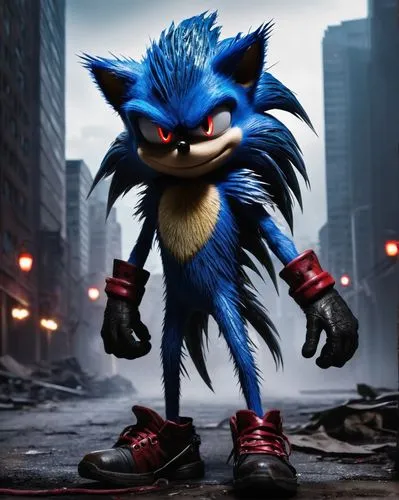 Cursed Sonic the Hedgehog, anthropomorphic blue hedgehog, spiky quills, red eyes, black eyelids, torn gloves, ripped shoes, dark aura, evil grin, leaning forward, ominous background, abandoned city, b