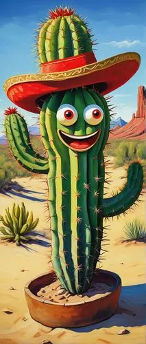 Prickly cactus, Leshy style, cartoonish, green body, sharp spines, big smiling face, shiny eyes, red hat, colorful sombrero, Mexican desert, sandy dunes, clear blue sky, few white clouds, strong sunli