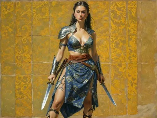 painting of woman in cloth outfit holding two swords, patterned skirt, bikini top,female warrior,warrior woman,frazetta,kitana,hippolyta,yavana,gladiator,penthesilea,giancola,clytemnestra,swordswoman,