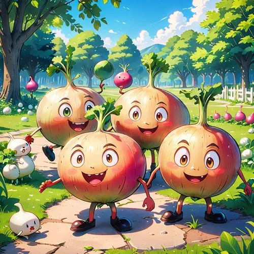 In an outdoor park, several anthropomorphized turnips with short legs and small arms are spread across the scene, with different expressions and poses. Some turnips have angry expressions, while other