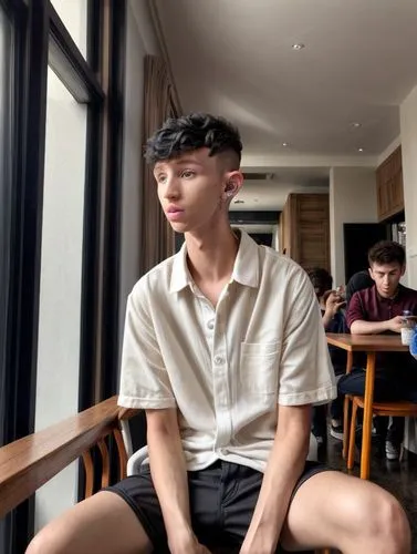 troye sivan, buzz cut, low fade, short hair, youth adult, xs, man, black hair, uhd, 4k, hyper realistic,detailed hands ,detailed eyes,detailed hair,yun niang fresh in mind,hanoi,ho chi minh,school boy