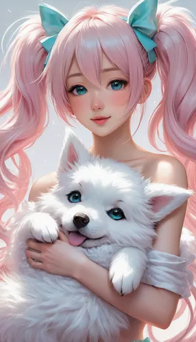 samoyed,pomeranian,kitsune,pet,girl with dog,kawaii,japanese spitz,whitey,luka,petting,fluffy diary,canine rose,puppy pet,would a background,companion dog,anime girl,hug,fluff,cute fox,dog and cat,Conceptual Art,Fantasy,Fantasy 03