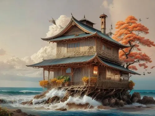 house of the sea,fisherman's house,asian architecture,house by the water,fantasy landscape,house with lake,wooden house,ancient house,fantasy picture,lonely house,chinese temple,stilt house,fisherman'