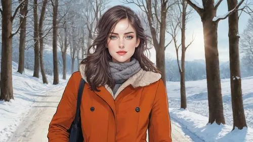 comic drawing: young woman walking in winter landscape,winter background,snow scene,the snow queen,christmas snowy background,snowflake background,winters,syberia,landscape background,background vecto