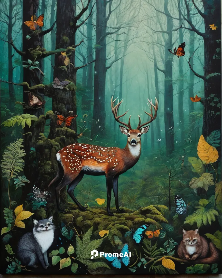 Amazing Misty Forest Pictures Full Of Animals,forest animals,woodland animals,fall animals,deer illustration,pere davids deer,forest animal,whimsical animals,hunting scene,animals hunting,cartoon fore