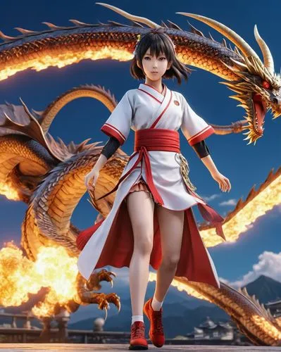 flying anime character,japanese style,girl,dragon,a woman wearing a white and red costume walking in front of a fire dragon,xiaoyu,yongmei,kagura,eiko,diaochan,sashurin,Photography,General,Realistic