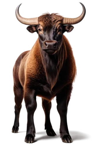 Bull, muscular, strong, fierce eyes, sharp horns, brown fur, rugged texture, powerful legs, aggressive stance, solitary, dramatic lighting, low-angle shot, cinematic composition, shallow depth of fiel