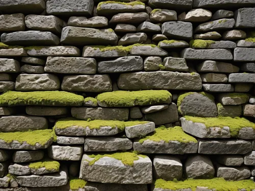 stone wall, satchels, textured surface, grey stones, rustic appearance, medieval setting, outdoor, moss-covered, sturdy structure, natural light, sunny day, clear sky, wide-angle shot, realistic textu