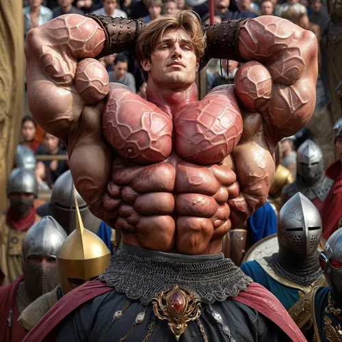 An extremely muscular king showing his thick muscles in front of his soldiers and riding on a horse!,pec,premaxillae,pudzianowski,ferrigato,ferrigno,arnoldi