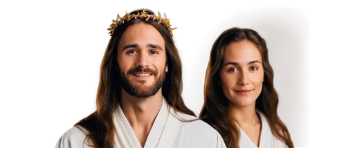 Jesus Christ, holy man, long brown hair, beard, white robe, golden halo, gentle smile, serene expression, soft focus, warm lighting, 3/4 composition, shallow depth of field, cinematic tone.,jesus and 