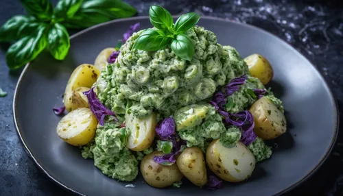 Pesto Potato Salad in a grey plate with basil topping,avocado salad,avo,pesto,potatoes with vegetables,sauce gribiche,green sauce,potato salad,avacado,herb butter,guacamole,green salad,vegan nutrition