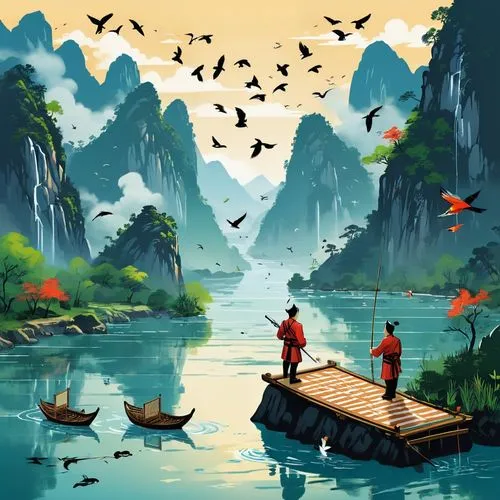 world digital painting,people fishing,shaoming,guizhou,fishermen,fishermens,bird kingdom,landscape background,haicang,vietnam,flyfishers,game illustration,migratory birds,youliang,yunnan,mekong,canoes,boat landscape,viet nam,floating islands,Unique,Design,Sticker