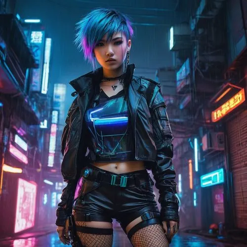 Cyberpunk, futuristic cityscape, neon lights, rainy night, dark alleyway, Japanese-inspired anime girl, 18yo, athletic build, short spiky hair, blue highlights, futuristic techwear, metallic fabric, L