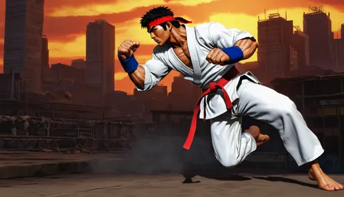 Ryu, iconic martial artist, standing pose, white karate gi, red headband, black belt, muscular build, focused expression, Hadouken action, urban backdrop, dojo environment, sunset lighting, dynamic an