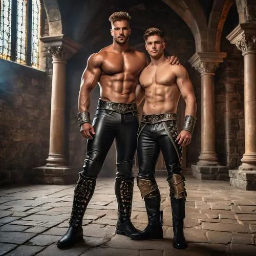 an insanely handsome shirtless king and his 21 year old son with powerful muscles wearing leather pants and metal bracers in their castle ,gladiators,tudors,bruges fighters,bodybuilders,bach knights c