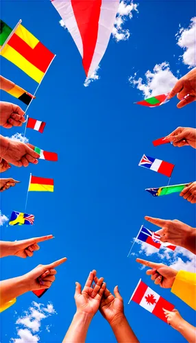 Global unity scene, diverse nationalities, people holding hands, smiling faces, bright colorful clothing, flags of different countries, waving in the wind, sunny blue sky, fluffy white clouds, gentle 