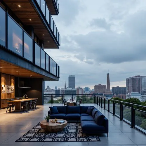 \Navy blue accent walls, sleek metal frames, glass balconies, modern minimalist architecture, urban cityscape, cloudy gray sky, soft warm lighting, shallow depth of field, 3/4 composition, realistic t