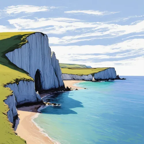 Sketch a landscape view with seacliffs and beach in southern england,jurassic coast,durdle door,cliffs of etretat,dorset,cliffs,white cliffs,cliffs etretat,chalk cliff,cliffs ocean,beachy head,limesto