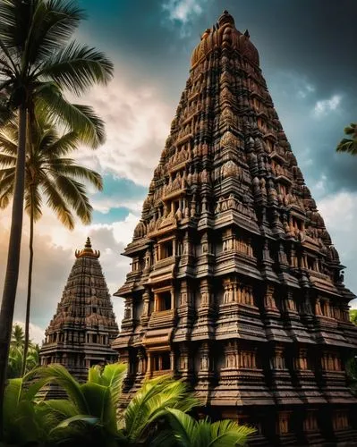 Dravidian architecture, ancient Indian style, intricately carved stone temple, ornate pillars, towering gopuram, vibrant sculptures of gods and goddesses, lush greenery surrounding, tropical plants, p