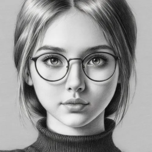 女生，黑白，素描，黑色毛衣
,a drawing of a woman with glasses in a sweater,girl portrait,girl drawing,nabiullina,portrait of a girl,olsen,graphite,Illustration,Black and White,Black and White 30