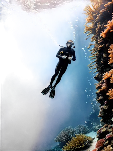 Underwater scene, dark blue water, coral reef, seaweed swaying, school of fish swimming, scuba diver in distance, shiny metal oxygen tank, regulator in mouth, wetsuit, bubbles rising, sunlight filteri