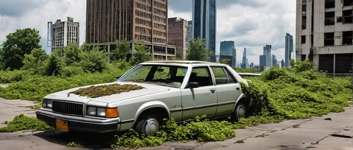 abandoned skyscrapers, overgrown with vines, post-apocalyptic cityscape, rusted cars, shattered glass, graffiti walls, dystopian atmosphere, cloudy sky, diffuse sunlight, wide-angle shot, concrete jun