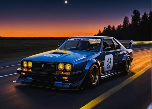 Describe the adrenaline-fueled race between two Skyline GTRs on a moonlit highway.,ford rs200,lancia 037,datsun sports,ford sierra rs cosworth,w123,ford escort,ford sierra,ford escort rs cosworth,worl