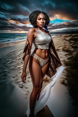 Nigerian woman, dark skin, dark hair,warrior woman,digital compositing,african american woman,beach background,the sea maid,image manipulation,black woman,strong woman,white sand,african woman,woman s