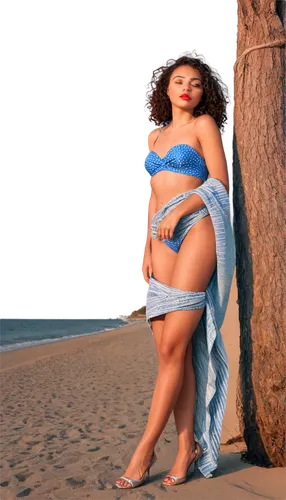 Sexy Latina woman, solo, (20yo), curly dark hair, golden skin, bright red lipstick, bold eyeliner, shimmering silver swimsuit, high heels, beach towel wrapped around waist, confident pose, standing wi