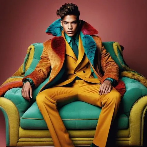 Totalmente desnuda a young men with tan skin adorned in a vibrant tan coat stands in the middle of a plush couch,,a young man sits on a colorful couch,coat color,etro,cantoned,dandy,galliano,sportcoat