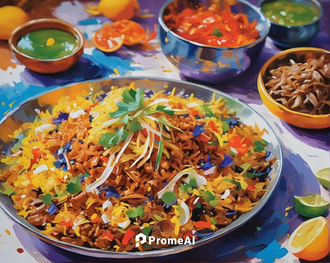 Design a visually stunning advertisement showcasing the vibrant colors and textures of a kottu dish.,spanish rice,saffron rice,arroz con pollo,arroz con gandules,spiced rice,thai fried rice,tex-mex fo