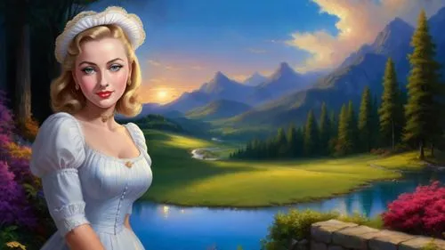 Romantic masterpiece oil painting, beautiful curvy busty woman portrait,  nostalgic 1950's style kitsch, standing in front of a breathtaking beautiful epic vast landscape, majestic vibrant lush wilder