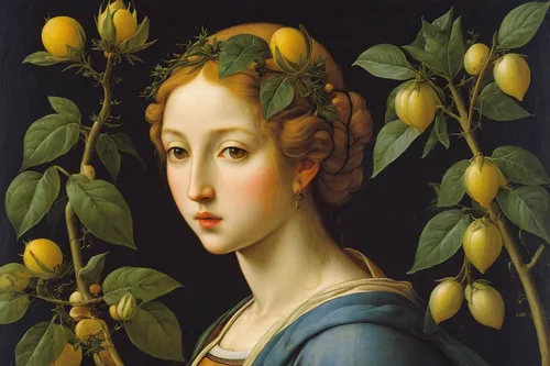 lacerta,bellini,botticelli,lemon tree,woman eating apple,modena,florentine,annona,flora,girl in a wreath,mirabelles,magnolia,la nascita di venere,mary-bud,secret garden of venus,cepora judith,fruit blossoms,quince decorative,raffaello da montelupo,orange blossom,Art,Classical Oil Painting,Classical Oil Painting 34