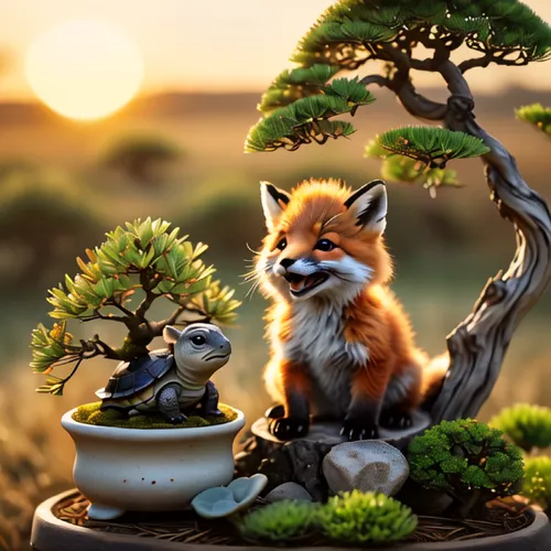 cute fox,adorable fox,little fox,garden-fox tail,child fox,fox stacked animals,bonsai,a fox,fox,bonsai tree,foxes,desert fox,red panda,tea zen,cute animals,fox with cub,whimsical animals,maple bonsai,