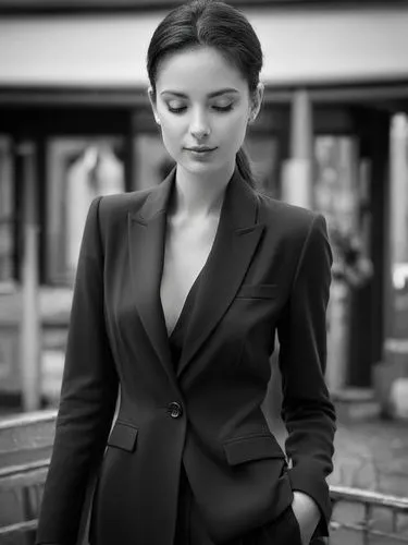 Pour her sweet open eyes,a woman with an open blazer and black pants,businesswoman,business woman,black suit,hande,black coat,dark suit,Photography,Black and white photography,Black and White Photogra